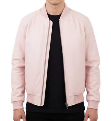 Mens Genuine Lambskin Leather Beige Flight Bomber Jacket Casual Zip Blouson Coat