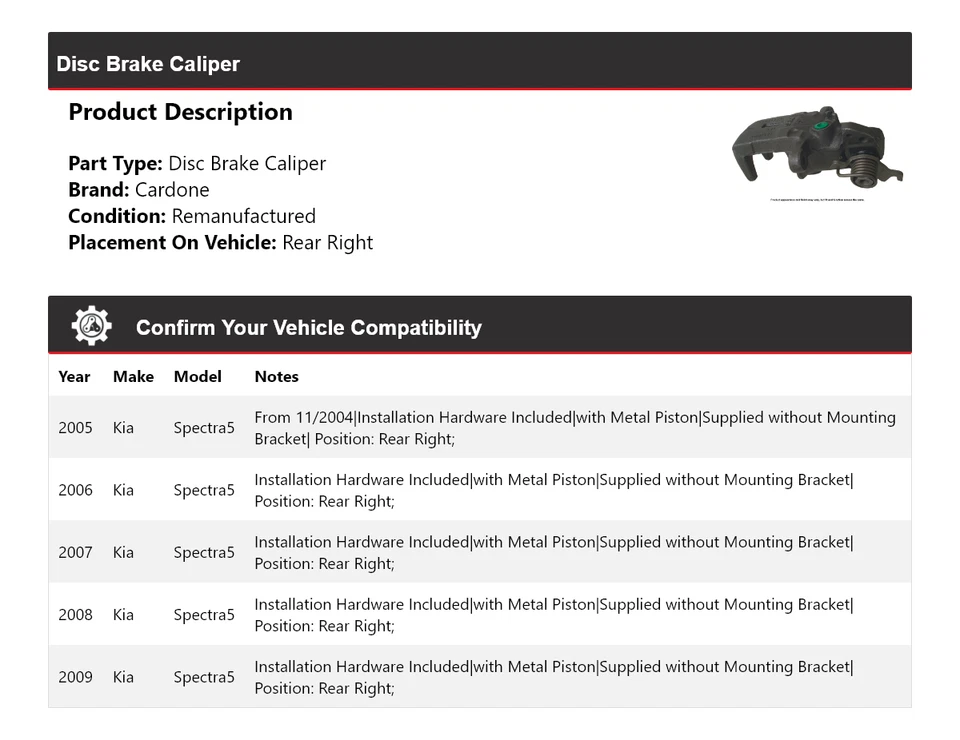 Pinza de freno de disco trasera derecha Cardone 2006 2007 2008 para Kia Spectra5 2005-2009 Foto 2 de 4
