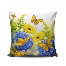 Blue Hydrangeas Yellow Daisies and Butterfly Throw Pillow 16" x 16" Multi 02