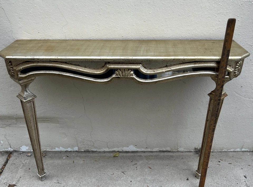 Mesa consola vintage Hollywood Regency florentina veneciana espejada madera con hojas Foto 2 de 4