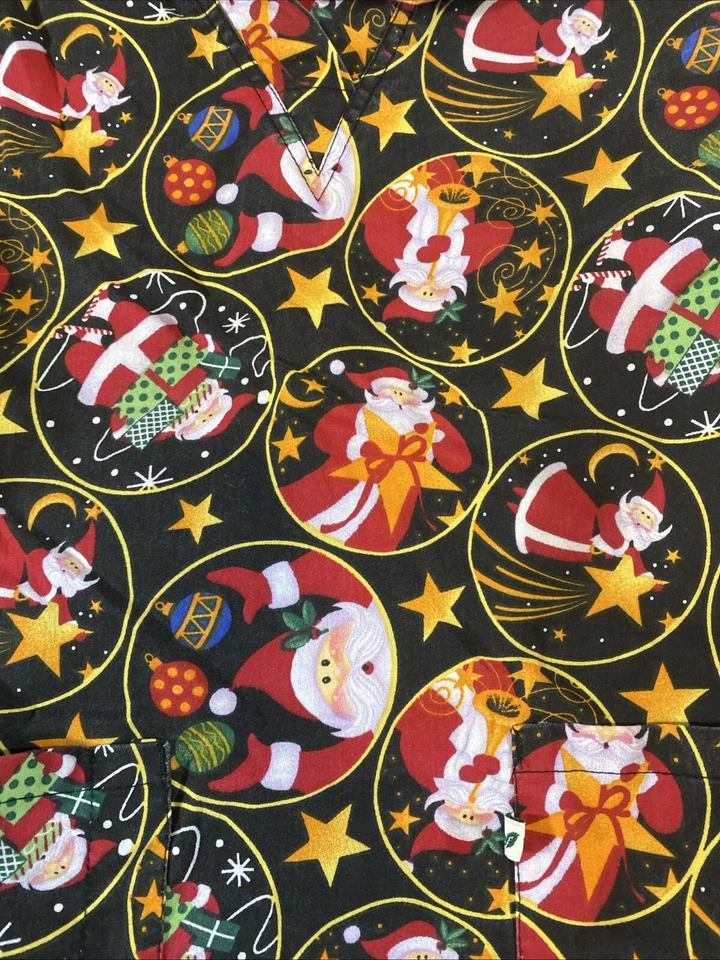 Lot of 2 Christmas Womens Scrub Tops Sz XS & S Santa Elves Scrubs - Image 3 of 4