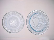 2Pcs BLUE GLASS MOTHER GOOSE NURSERY RHYMES BOWL  DIVIDED PLATE Margery Daw