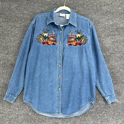 VTG Bobbie Brooks Embroidered Denim Button Up Shirt Womens S Georgia State Fair