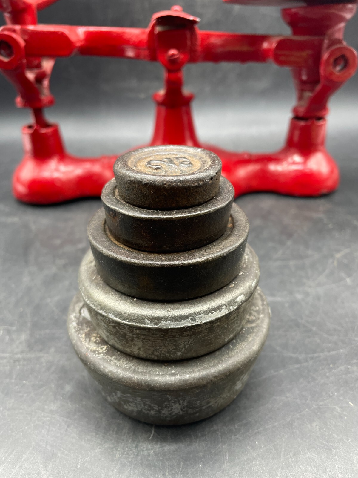 Antique Red Cast Iron General Store Candy Balance Scale with Basket #4