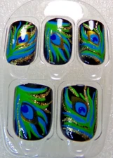 IMPRESS NAILS Elegant Peacock Feathers Blue Green Black  PRESS ON SHORT
