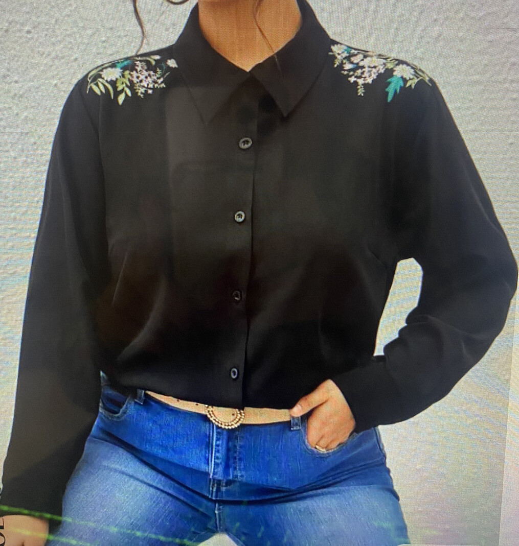 SHEIN class Black Floral Print Button Front Shirt Blouse Women's