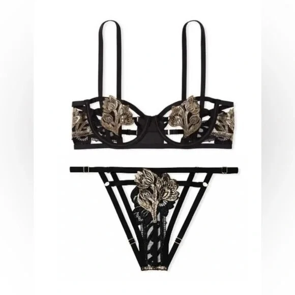 Victoria's Secret Conjunto Sujetador Balconette Copa Abierta Bordado Dorado 32DD/S Muy Sexy Foto 2 de 4