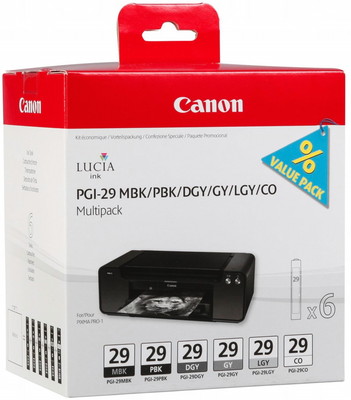 6 Canon Druckerpatronen Tinte PGI-29 MBK/PBK/DGY/GY/LGY/CO Multipack