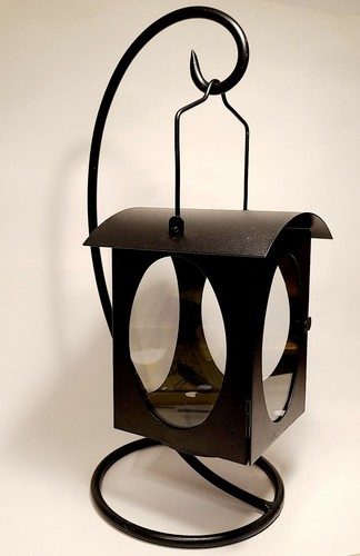 Large Lantern Black Painted Metal & Hanging Hook Stand | Tealights and Votives - Picture 1 of 7