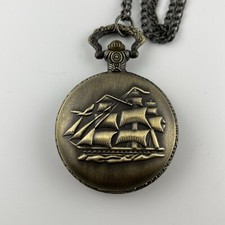 Bronze Tone Pocket Watch Viking Ship Sailboat Design 32  Chain