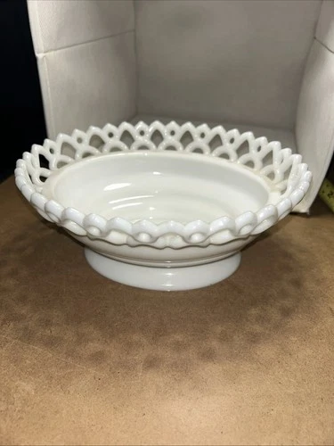 Westmoreland Reticulated MILK GLASS LACE EDGE BOWL BASKET VICTORIAN Pattern Oval