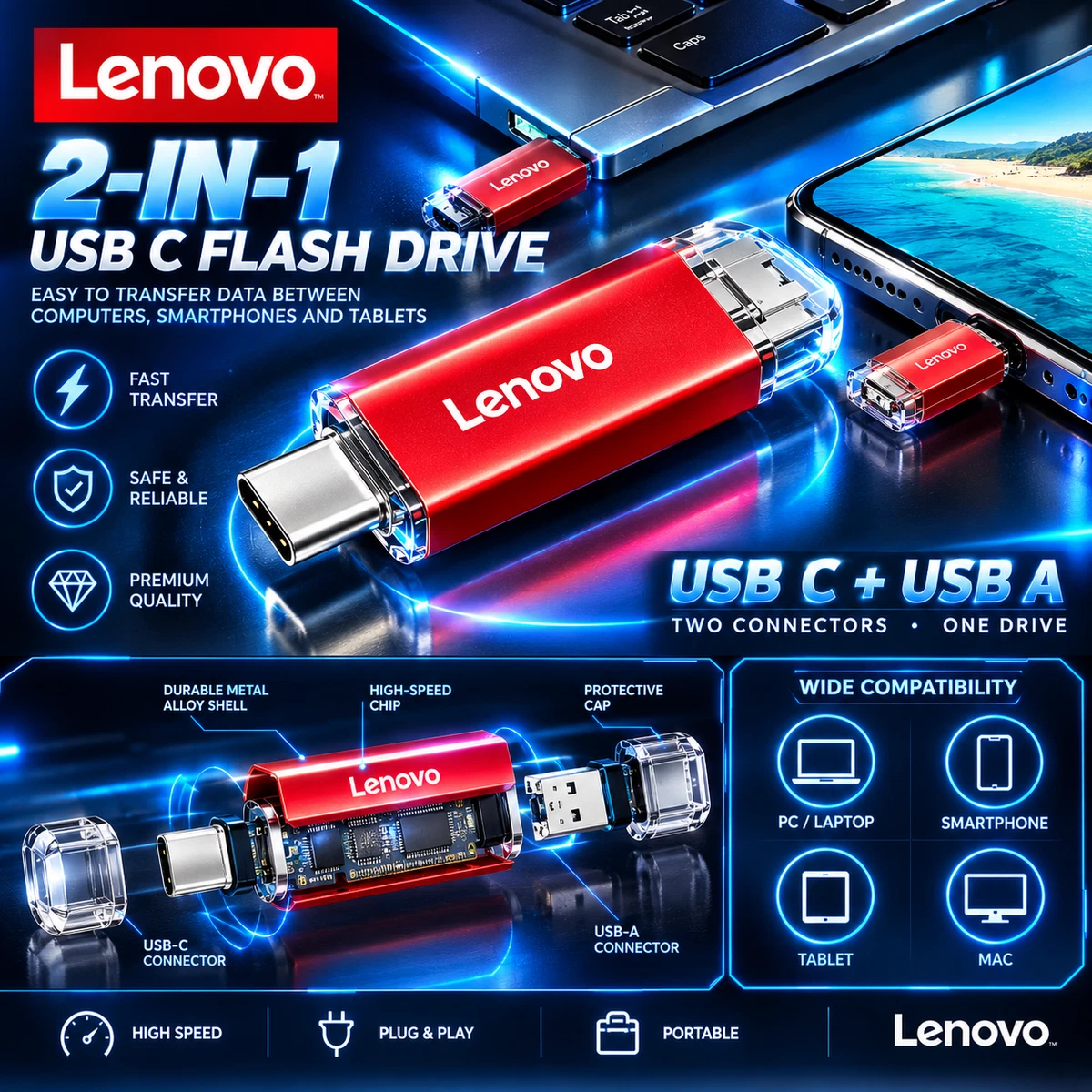 USB Flash Drive 2TB 2 in 1 OTG Type C USB 3.0 Universal Memory Stick
