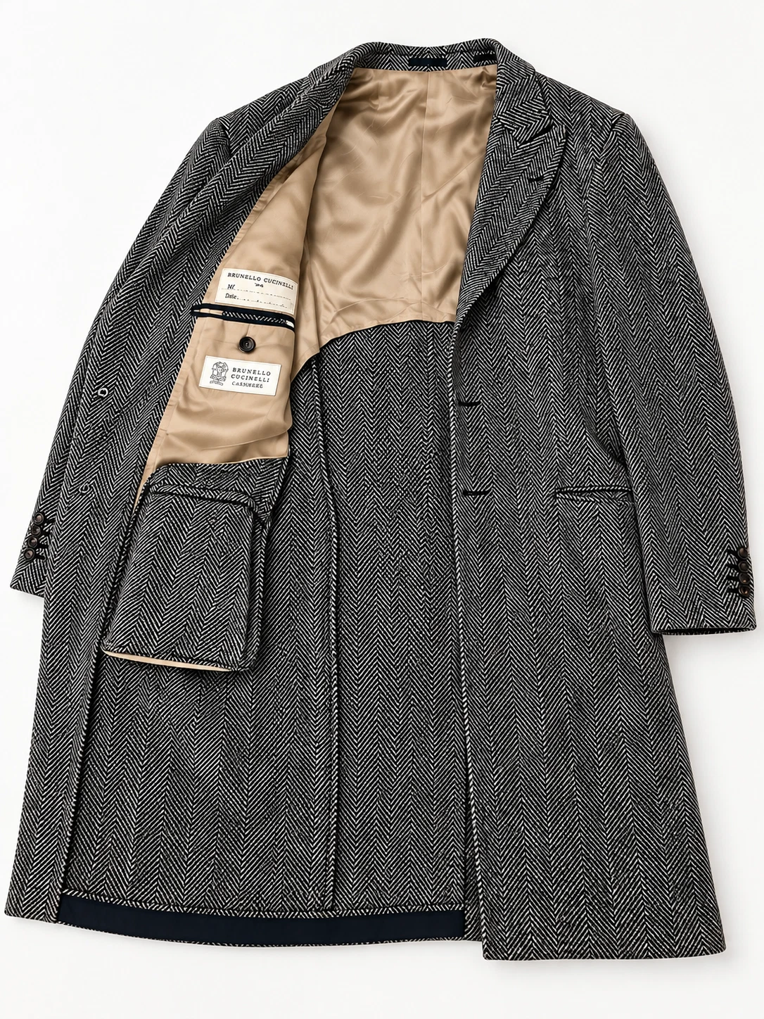 Brunello Cucinelli 100% Cashmere Herringbone Overcoat Men's 52 IT Gray image 2