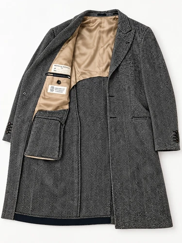 Brunello Cucinelli 100% Cashmere Herringbone Overcoat Men's 52 IT Gray image 2