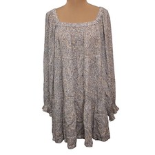 Patrons of Peace Blue White Paisley Floral Square Neck Tiered Mini Dress Medium