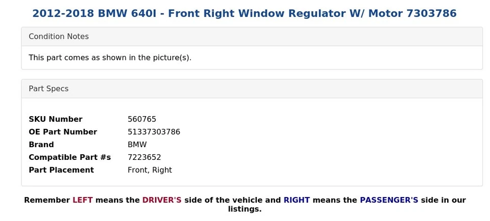 BMW 640I 2012-2018 - Regulador de ventana delantero derecho con motor 7303786 Foto 3 de 4