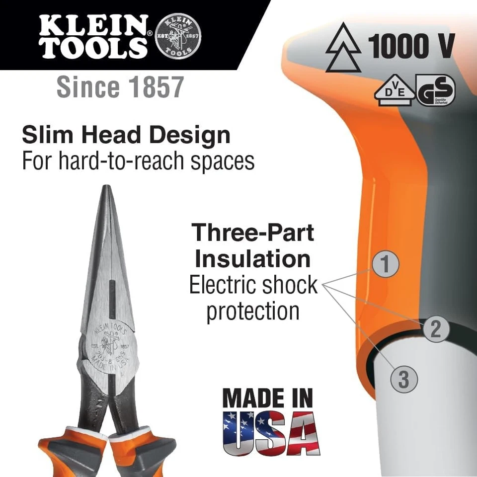 Klein Tools 2038EINS Cortador Lateral Nariz Larga Aislado 8 Pulgadas, Naranja/Gris Foto 2 de 4