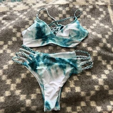 Zaful Womens Size 8 Medium Braided Criss Cross Back Green White Bikini Swim Suit