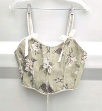 Butterfly Floral Lace Up Corset Crop Top Sz S Sage Green Tapestry Coquette Fairy
