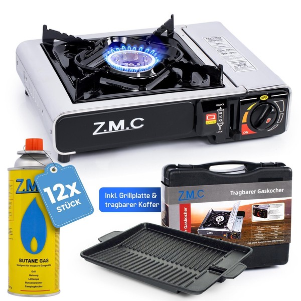 Zmc Edelstahl Campingkocher 1 Flammig Gaskocher, Grillplatte + 12X Gaskartuschen-image