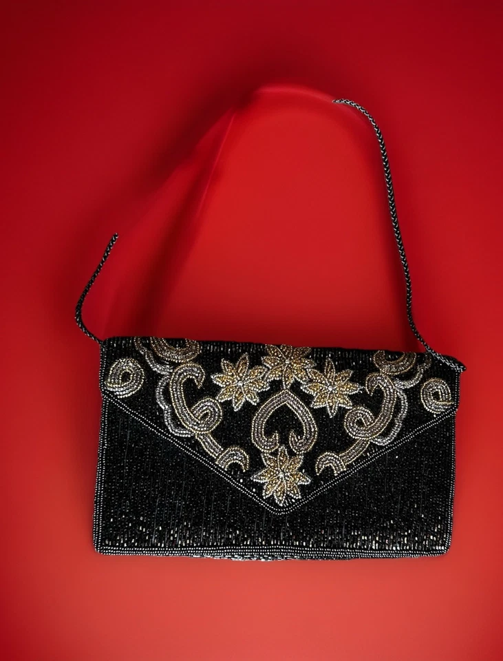 复古 Robinson 黑色串珠晚装手包钱包星星花卉设计 — 第 3/4 张图片