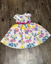 Girls White Colorful Floral Spring Party Dress W/ Pink Sash Heart Cutout On Back