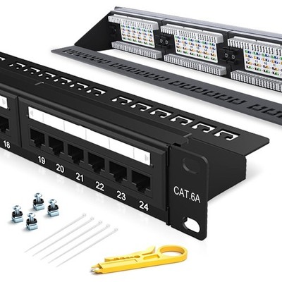 24 Port Patch Panel Cat6A Rack Mount 19 Inch Ethernet Punch Down Hub Panel