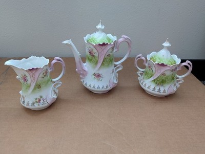 Antique Unmarked R.S. Prussia 3pc Tea Set Lily Mold 621 Flowers Gold 1890s