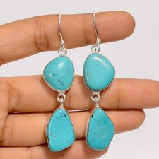 Tibetan Turquoise Gemstone 925 Silver Handmade Dangle Earrings 2.6" ARE-5855