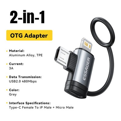 Essager 2-In-1 Micro USB Adapter Fast Charger Type C Female Connector For iPhone