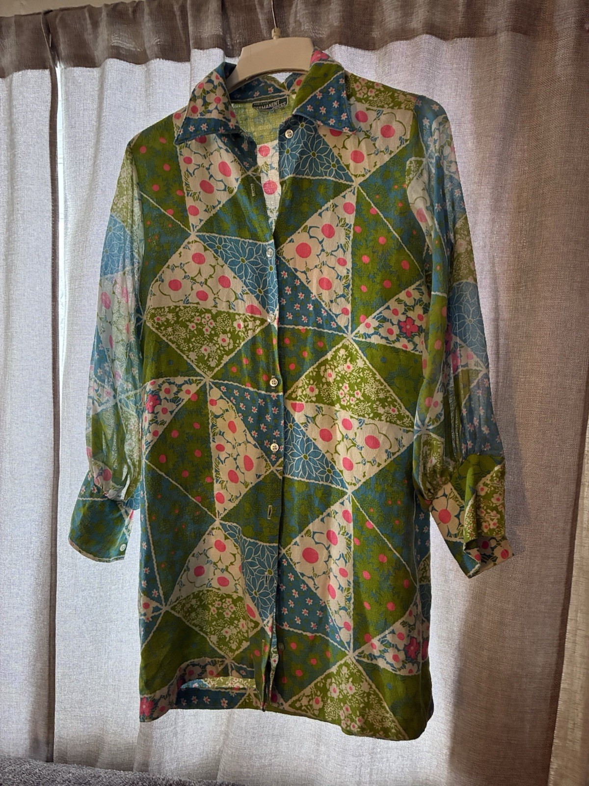 Geometric Patchwork Collared Tunic Blouse 3/4 Sle… - image 1