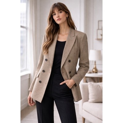 Joie Houndstooth Double Breasted Blazer Brown Tan Plaid Professional Jacket M