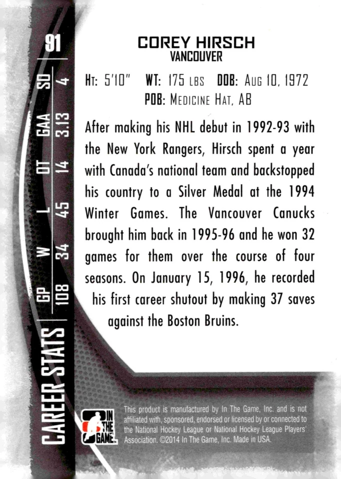 Corey Hirsch - Signed 2013-14 In The Game Between The Pipes Card #91 - Image 2 of 2