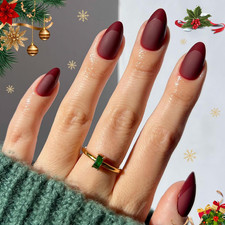 Matte Dark Red Press on Nails Short Almond Fake Nails, 32Pcs Burgundy Nails with