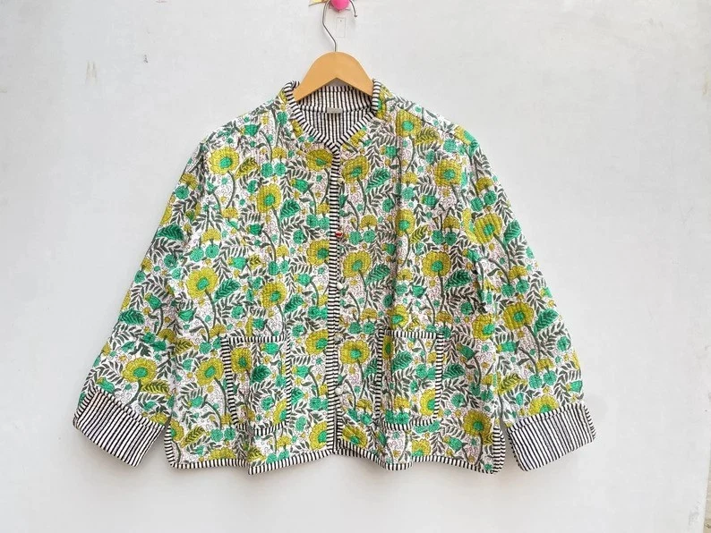 Indian Multi Floral 100% Cotton Quilted Unisex Jacket Women's Clothing Jacket AU