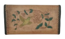 Vintage Wallet Hand Tooled Leather Wallet Hummingbird Floral Scene Whipstitched