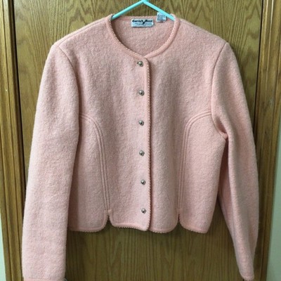 Vintage Carroll Reed Ski Shop Womens PINK Wool Crop Cardigan Sweater Size 12