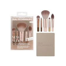 Real Techniques New Nudes On The Glow Mini Brush Kit, 6 Piece Set With Compact M