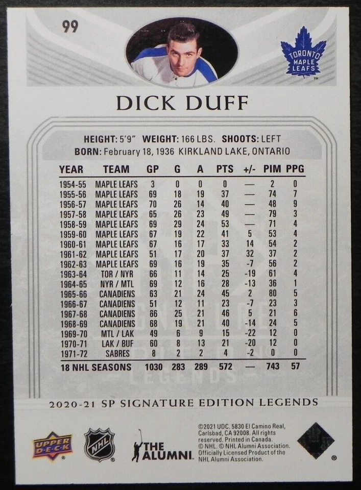 2020-21 20/21 SP Signatures Edition Legends Silver Script #99 Dick Duff Leafs - Image 2 of 2