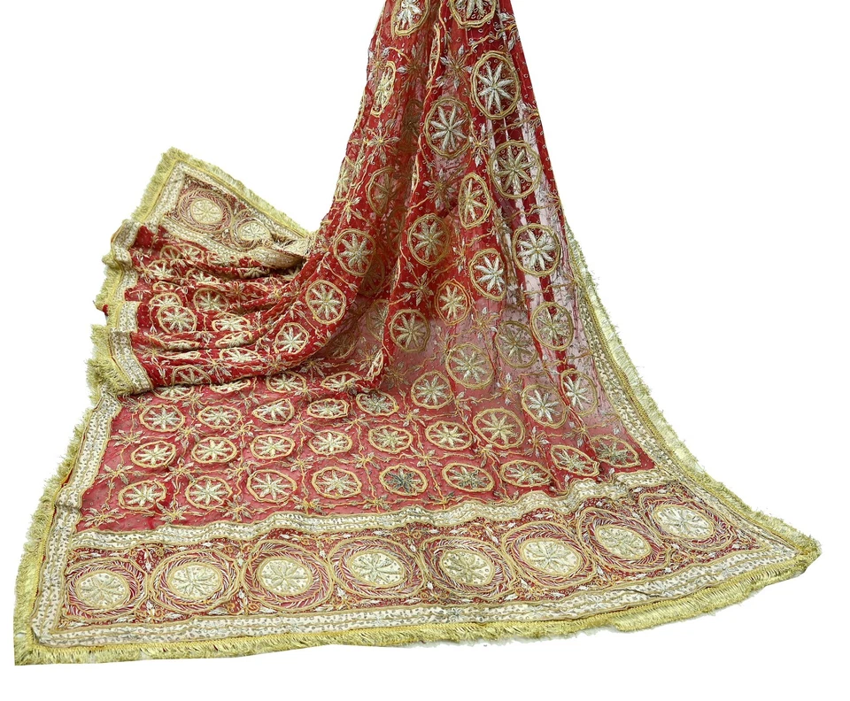 Vintage Heavy Bridal Red Dupatta Pure Chiffon Silk Long Stole Hand Embroidered - Image 2 of 4