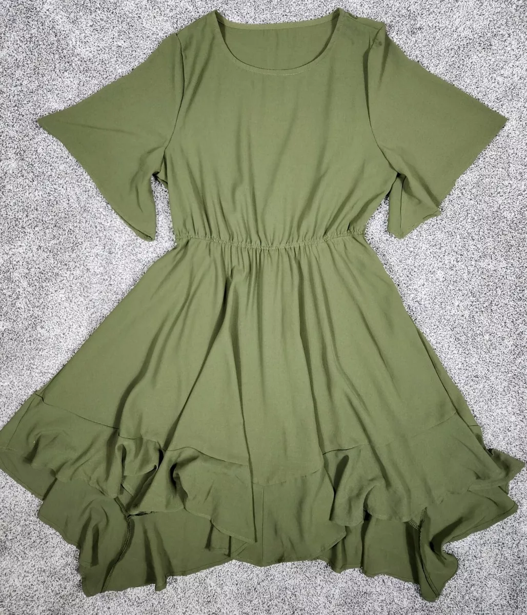 Ruffle Boho Flowy Swing Dress Short Sleeve Womens Size Large Green