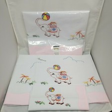Infant Embroidered Elephant Flat Crib Sheet and Pillow Case White with Pink Trim