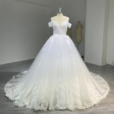 Princess Shiny Wedding Dresses Off Shoulder Lace Applique A-line Bridal Gowns