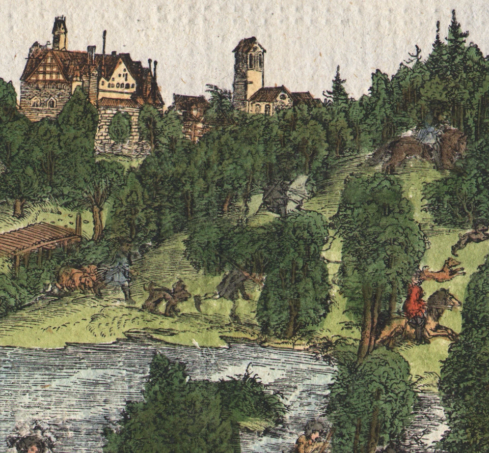 1830 gravure sur bois aquarelllée Chasse au cerf Paysage Allemagne - Photo 4/4