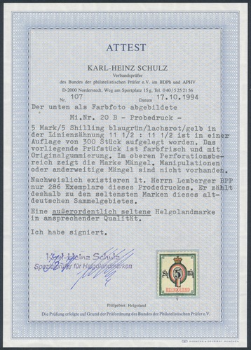 Helgoland 5 Mark Ziffer 1879 Probedruck Michel 20 B Attest (S27124) - Bild 2 von 2