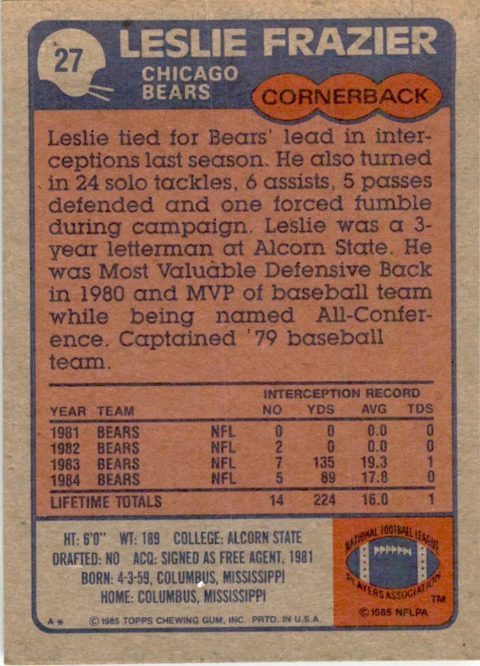 1985 TOPPS! LESLIE FRAZIER CHICAGO BEARS #27 - Image 2 of 2