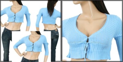 Blue 3/4 Sleeve Drawstring Tie Cropped Sweater Cover-Up Shrug Top S