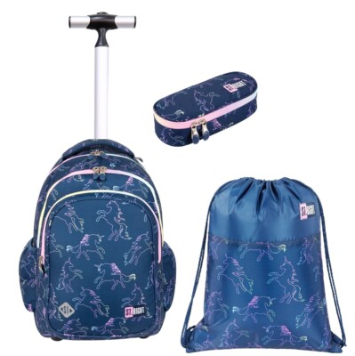 St.Right Blau Einhorn Rucksack Set Schultrolley + Etuis + Tasche Mädchen Mädchen