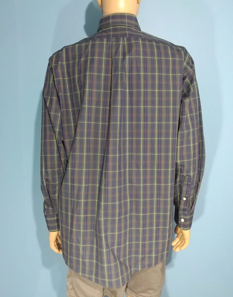 Camisa de vestir informal Hathaway sin arrugas azul verde a cuadros con botones talla 16,5-35 Foto 3 de 4
