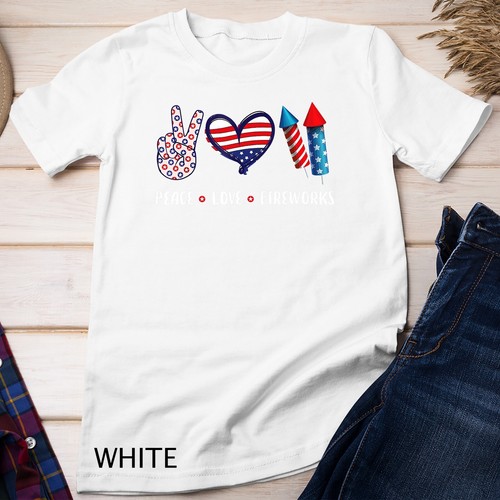 PEACE LOVE FIREWORKS Shirt 4th of July Celebration Gift Unisex T-shirt - Picture 16 of 17